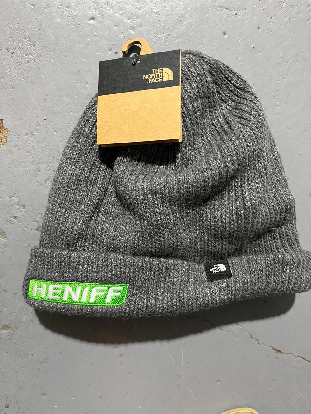 The North Face Gray Knit Beanie with Green Heniff Patch NWT logo company